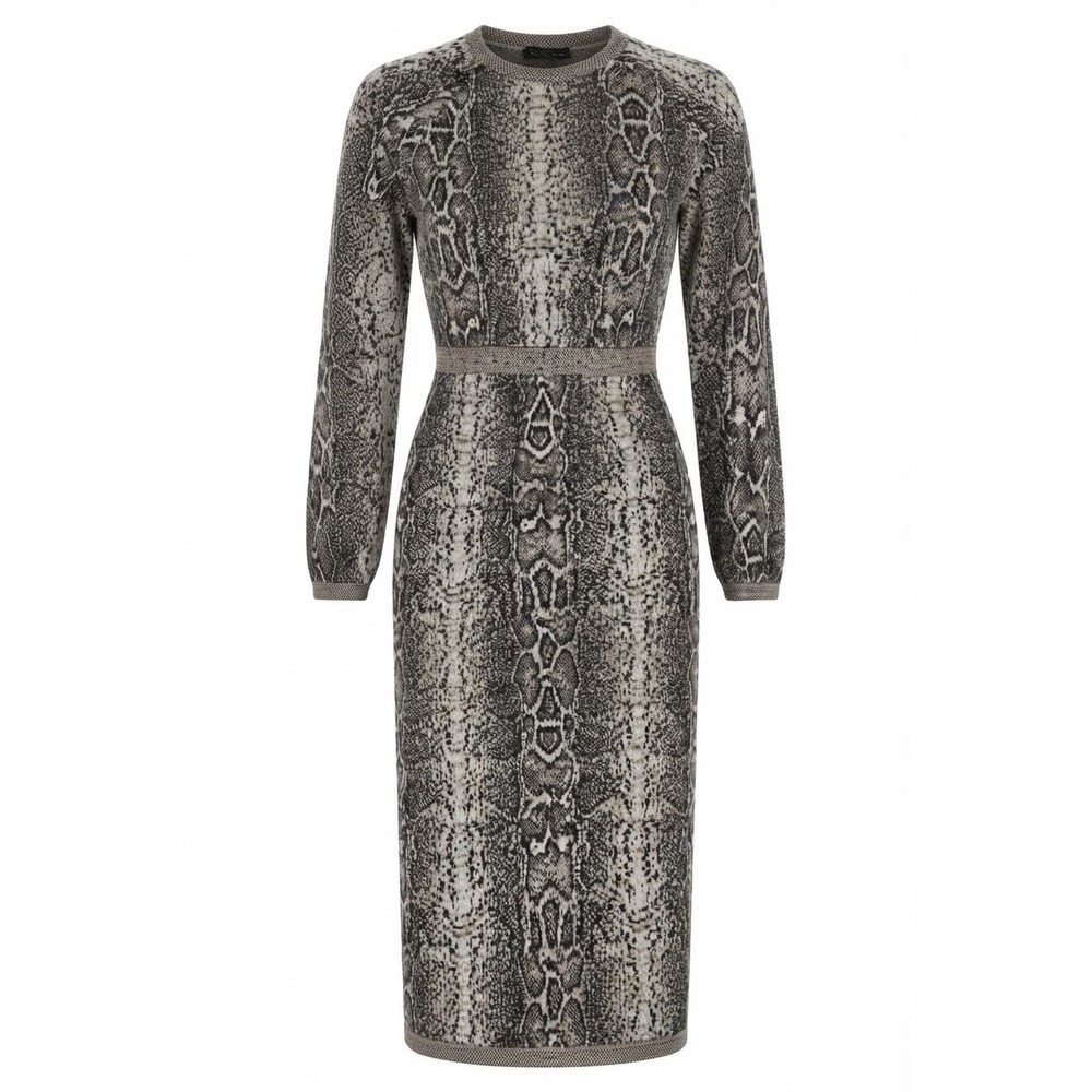 Zara Snake Print Knit Midi Dress Womens Size M Brown Long Sleeve Bodycon Good